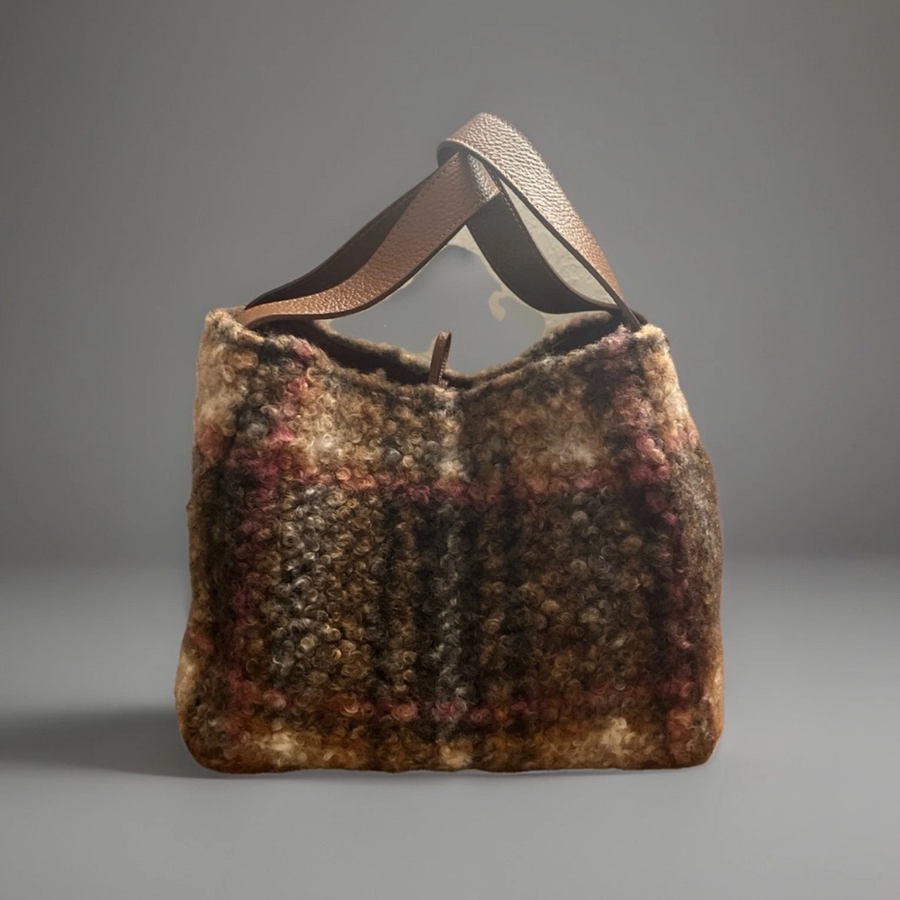 Sundance Wool Square Tote Bag Purse Plaided  Brown Pink Black White Leather